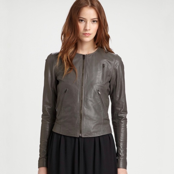 Theory Jackets & Blazers - THEORY Fida Textured Leather Jacket Dark Taupe